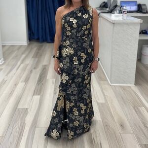 Terani Couture Black and Gold One-Shoulder Dress